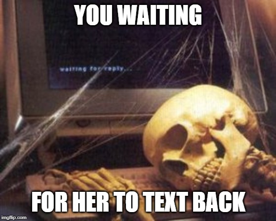 skeleton computer |  YOU WAITING; FOR HER TO TEXT BACK | image tagged in skeleton computer | made w/ Imgflip meme maker
