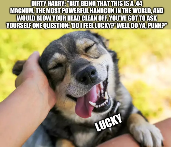 What Harry was doing with his other hand while pointing his gun at the downed bad guy: | DIRTY HARRY: "BUT BEING THAT THIS IS A .44 MAGNUM, THE MOST POWERFUL HANDGUN IN THE WORLD, AND WOULD BLOW YOUR HEAD CLEAN OFF, YOU'VE GOT TO ASK YOURSELF ONE QUESTION: 'DO I FEEL LUCKY?' WELL DO YA, PUNK?"; LUCKY | image tagged in memes,movies | made w/ Imgflip meme maker