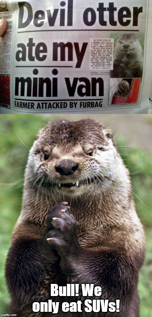 Fake News Clearly | Bull! We only eat SUVs! | image tagged in memes,evil otter | made w/ Imgflip meme maker