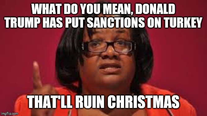 Dianne Abbott | WHAT DO YOU MEAN, DONALD TRUMP HAS PUT SANCTIONS ON TURKEY; THAT'LL RUIN CHRISTMAS | image tagged in dianne abbott | made w/ Imgflip meme maker