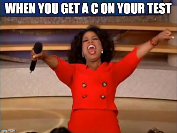 Oprah You Get A | WHEN YOU GET A C ON YOUR TEST | image tagged in memes,oprah you get a | made w/ Imgflip meme maker