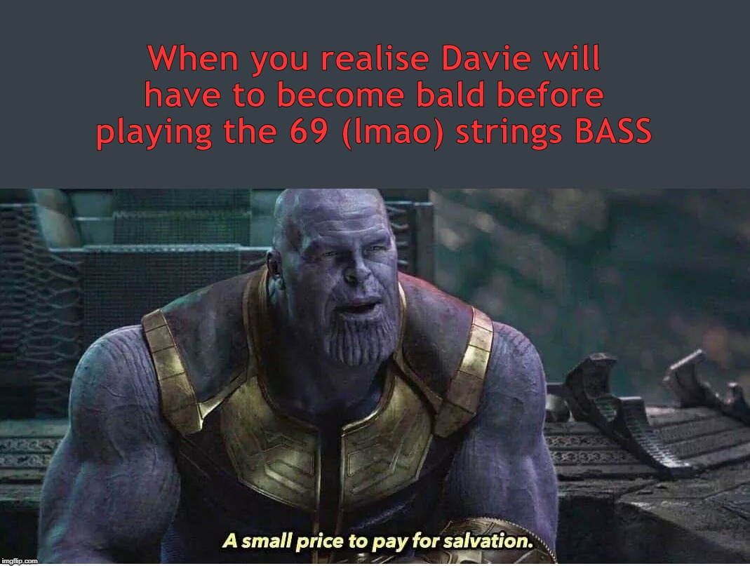 Thanos salvation | When you realise Davie will have to become bald before playing the 69 (lmao) strings BASS | image tagged in thanos salvation | made w/ Imgflip meme maker
