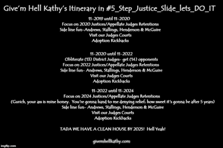 Give'm Hell Kathy's Itinerary in #5_Step_Justice_Slide_Lets_DO_IT. Givemhellkathy.com | image tagged in oklahoma,court,supreme court,corruption | made w/ Imgflip meme maker