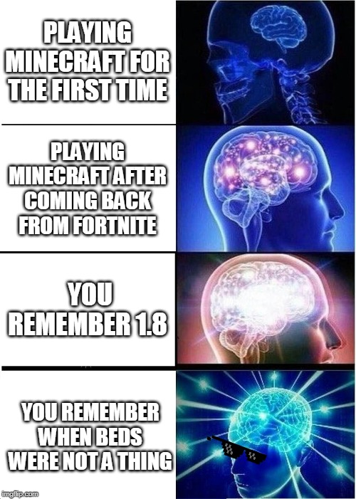 You have found the ultimate Minecraft meme | PLAYING MINECRAFT FOR THE FIRST TIME; PLAYING MINECRAFT AFTER COMING BACK FROM FORTNITE; YOU REMEMBER 1.8; YOU REMEMBER WHEN BEDS WERE NOT A THING | image tagged in memes,expanding brain,minecraft | made w/ Imgflip meme maker