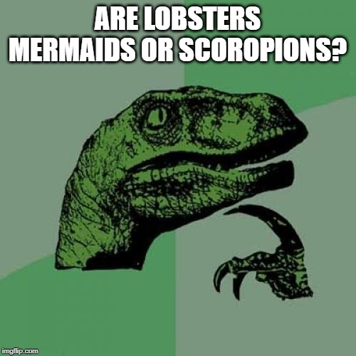 Philosoraptor | ARE LOBSTERS
MERMAIDS OR SCOROPIONS? | image tagged in memes,philosoraptor | made w/ Imgflip meme maker