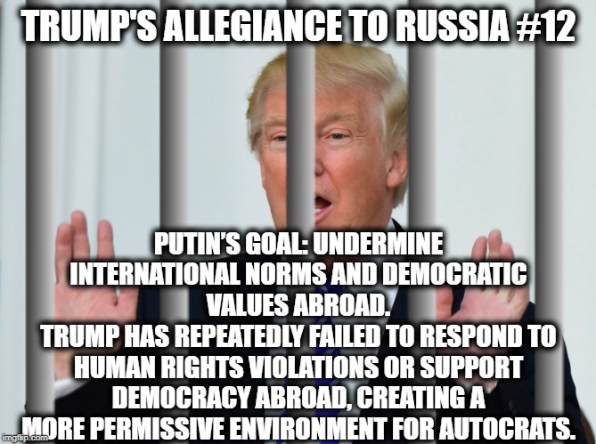 Trump's Allegiance to Russia #12 | TRUMP'S ALLEGIANCE TO RUSSIA #12; PUTIN’S GOAL: UNDERMINE INTERNATIONAL NORMS AND DEMOCRATIC VALUES ABROAD.
TRUMP HAS REPEATEDLY FAILED TO RESPOND TO HUMAN RIGHTS VIOLATIONS OR SUPPORT DEMOCRACY ABROAD, CREATING A MORE PERMISSIVE ENVIRONMENT FOR AUTOCRATS. | image tagged in donald trump,vladimir putin,russia,traitor,treason,impeach trump | made w/ Imgflip meme maker