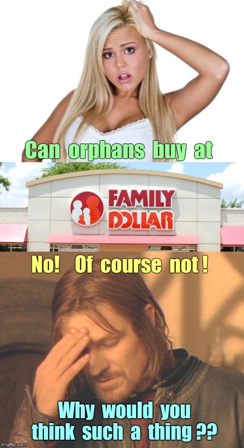 Yes, I'm OFFICIALLY weird! | Can  orphans  buy  at; No!    Of  course  not ! Why  would  you
think  such  a  thing ?? | image tagged in memes,frustrated boromir,dumb blonde,rick75230 | made w/ Imgflip meme maker