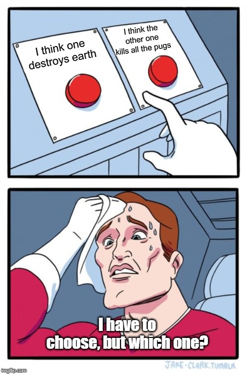 which one? | I think the other one kills all the pugs; I think one destroys earth; I have to choose, but which one? | image tagged in memes,two buttons | made w/ Imgflip meme maker