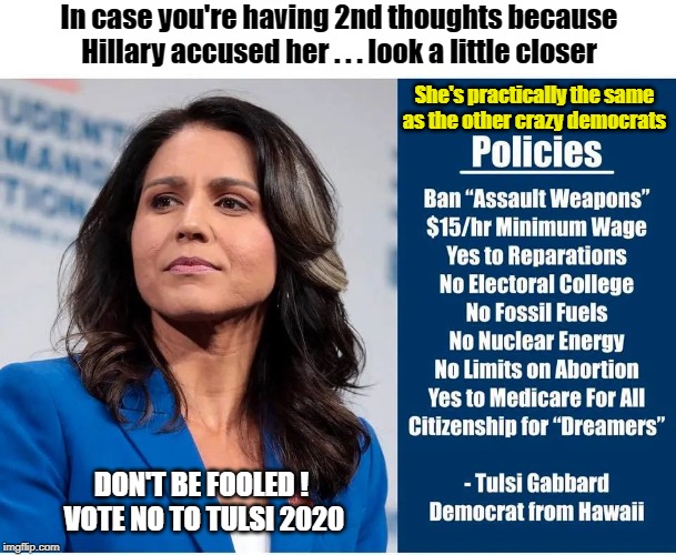 Don't be fooled by Tulsi in 2020 | In case you're having 2nd thoughts because Hillary accused her . . . look a little closer; She's practically the same as the other crazy democrats; DON'T BE FOOLED ! 
VOTE NO TO TULSI 2020 | image tagged in tulsi gabbard,election 2020 | made w/ Imgflip meme maker