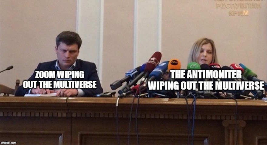 Man and woman microphone | THE ANTIMONITER WIPING OUT THE MULTIVERSE; ZOOM WIPING OUT THE MULTIVERSE | image tagged in man and woman microphone,FlashTV | made w/ Imgflip meme maker