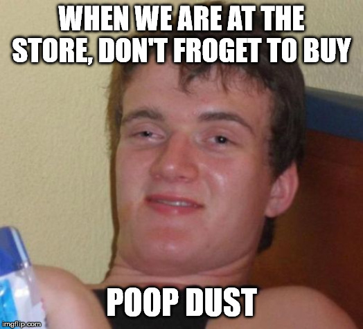 10 Guy Meme | WHEN WE ARE AT THE STORE, DON'T FROGET TO BUY; POOP DUST | image tagged in memes,10 guy,AdviceAnimals | made w/ Imgflip meme maker