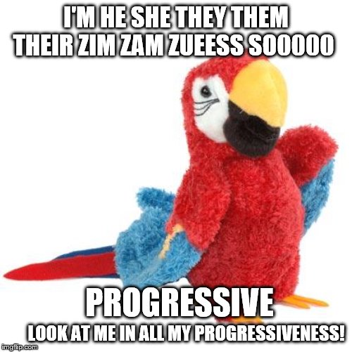 Proggy the Progressive Parrot | I'M HE SHE THEY THEM THEIR ZIM ZAM ZUEESS SO0000; PROGRESSIVE; LOOK AT ME IN ALL MY PROGRESSIVENESS! | image tagged in proggy the progressive parrot,idiot progressive,politics,political,memes,funny memes | made w/ Imgflip meme maker