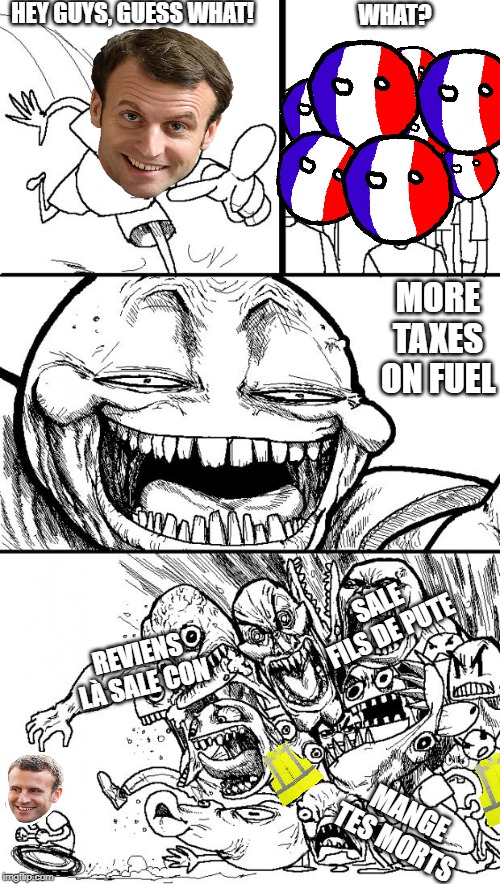 Hey Internet | HEY GUYS, GUESS WHAT! WHAT? MORE TAXES ON FUEL; SALE FILS DE PUTE; REVIENS LÀ SALE CON; MANGE TES MORTS | image tagged in memes,hey internet | made w/ Imgflip meme maker