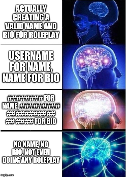 Expanding Brain | ACTUALLY CREATING A VALID NAME AND BIO FOR ROLEPLAY; USERNAME FOR NAME, NAME FOR BIO; ######## FOR NAME, ######### ########### ## #### FOR BIO; NO NAME, NO BIO, NOT EVEN DOING ANY ROLEPLAY | image tagged in memes,expanding brain | made w/ Imgflip meme maker