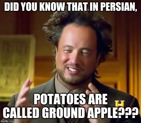 Ancient Aliens Meme | DID YOU KNOW THAT IN PERSIAN, POTATOES ARE CALLED GROUND APPLE??? | image tagged in memes,ancient aliens | made w/ Imgflip meme maker