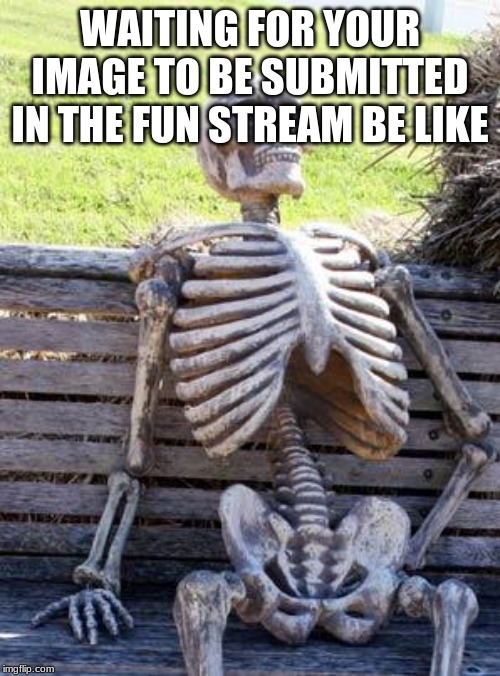 Waiting Skeleton | WAITING FOR YOUR IMAGE TO BE SUBMITTED IN THE FUN STREAM BE LIKE | image tagged in memes,waiting skeleton | made w/ Imgflip meme maker