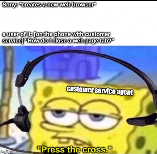 But actually, that just . . . . . . . | Sony: *creates a new web browser*; a user of it: [on the phone with customer service] "How do I close a web page tab?"; customer service agent; "Press the cross." | image tagged in memes,internet | made w/ Imgflip meme maker