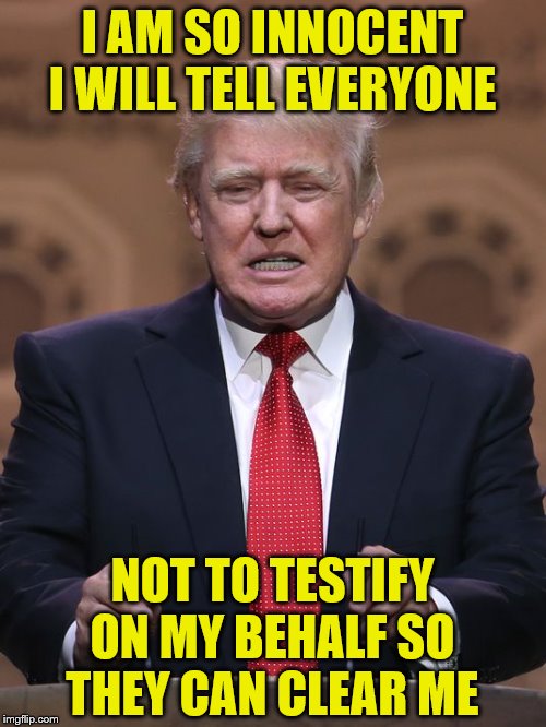 Donald Trump | I AM SO INNOCENT I WILL TELL EVERYONE NOT TO TESTIFY ON MY BEHALF SO THEY CAN CLEAR ME | image tagged in donald trump | made w/ Imgflip meme maker