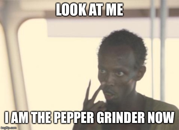 I'm The Captain Now Meme | LOOK AT ME; I AM THE PEPPER GRINDER NOW | image tagged in memes,i'm the captain now | made w/ Imgflip meme maker