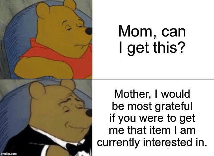 Formal Language | Mom, can I get this? Mother, I would be most grateful if you were to get me that item I am currently interested in. | image tagged in memes,tuxedo winnie the pooh | made w/ Imgflip meme maker