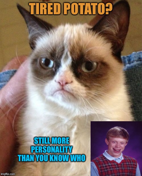 Grumpy Cat Meme | TIRED POTATO? STILL MORE PERSONALITY THAN YOU KNOW WHO | image tagged in memes,grumpy cat | made w/ Imgflip meme maker