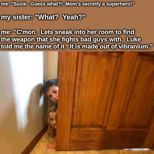 Kid logic: It is called blank, so it must be made out of blank. | me: "Suzie.  Guess what?!  Mom's secretly a superhero!"; my sister: "What?  Yeah?"; me: "C'mon.  Lets sneak into her room to find the weapon that she fights bad guys with.  Luke told me the name of it.  It is made out of vibranium." | image tagged in memes,sex toys | made w/ Imgflip meme maker