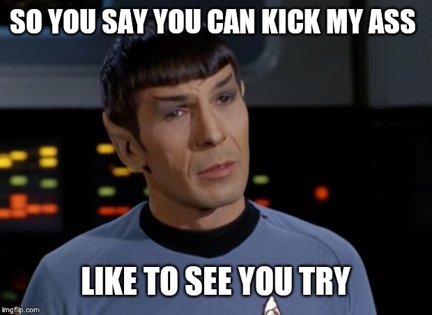 Spock Illogical | SO YOU SAY YOU CAN KICK MY ASS LIKE TO SEE YOU TRY | image tagged in spock illogical | made w/ Imgflip meme maker