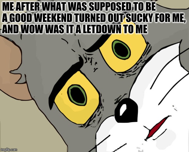Wow was the weekend a letdown for me.. hopefully the next one's better for me | ME AFTER WHAT WAS SUPPOSED TO BE
A GOOD WEEKEND TURNED OUT SUCKY FOR ME,
AND WOW WAS IT A LETDOWN TO ME | image tagged in memes,unsettled tom,funny memes | made w/ Imgflip meme maker