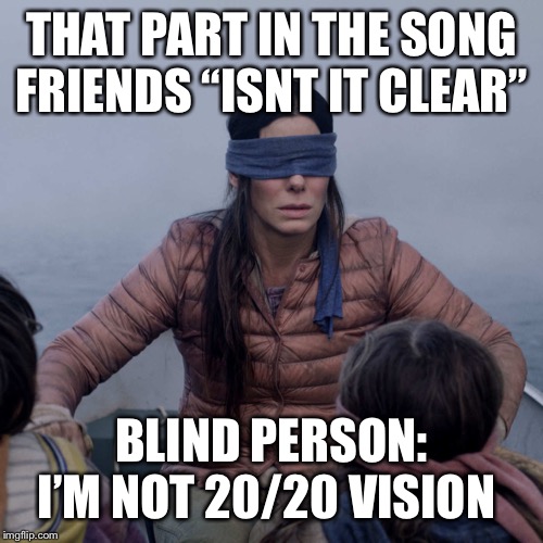 Bird Box Meme | THAT PART IN THE SONG FRIENDS “ISN’T  IT CLEAR”; BLIND PERSON: I’M NOT 20/20 VISION | image tagged in memes,bird box | made w/ Imgflip meme maker