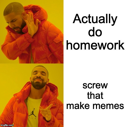 Drake Hotline Bling Meme | Actually do homework screw that make memes | image tagged in memes,drake hotline bling | made w/ Imgflip meme maker