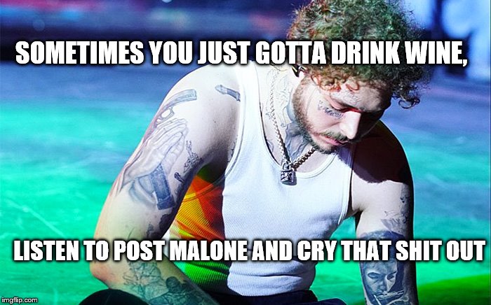 Post Malone .. thinking on stage | SOMETIMES YOU JUST GOTTA DRINK WINE, LISTEN TO POST MALONE AND CRY THAT SHIT OUT | image tagged in post malone  thinking on stage | made w/ Imgflip meme maker