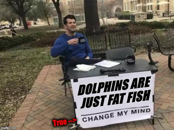 Change My Mind Meme | DOLPHINS ARE JUST FAT FISH; True --> | image tagged in memes,change my mind | made w/ Imgflip meme maker