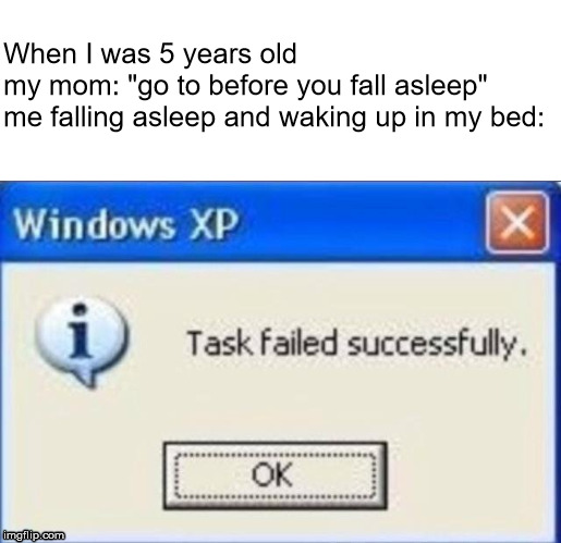 Task failed successfully | When I was 5 years old
my mom: "go to before you fall asleep"
me falling asleep and waking up in my bed: | image tagged in task failed successfully | made w/ Imgflip meme maker
