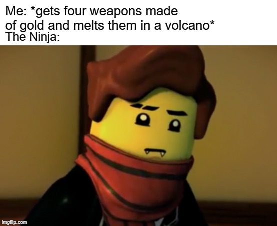 Unsettled Jay | Me: *gets four weapons made of gold and melts them in a volcano*; The Ninja: | image tagged in unsettled jay,memes | made w/ Imgflip meme maker