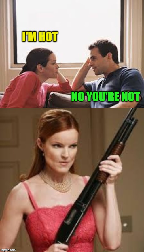 I'M HOT NO YOU'RE NOT | image tagged in wife with a shotgun,husband wife | made w/ Imgflip meme maker