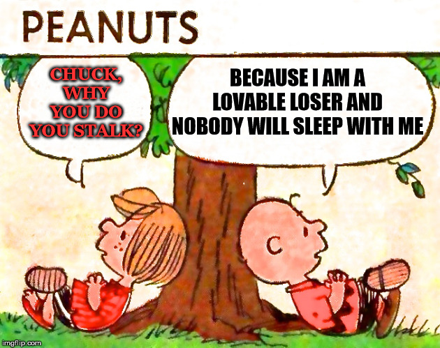Peanuts Charlie Brown Peppermint Patty | BECAUSE I AM A LOVABLE LOSER AND NOBODY WILL SLEEP WITH ME; CHUCK, WHY YOU DO YOU STALK? | image tagged in peanuts charlie brown peppermint patty | made w/ Imgflip meme maker