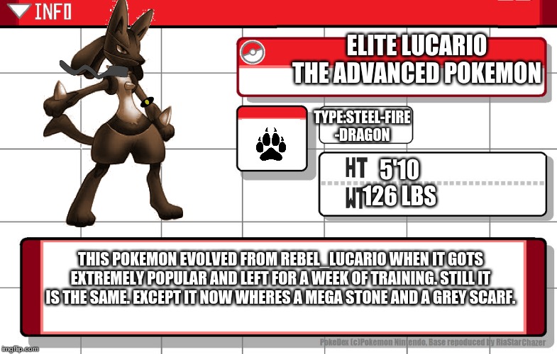 THE ELITE LUCARIO (yep i finally eveolved.) | ELITE LUCARIO
THE ADVANCED POKEMON; TYPE:STEEL-FIRE
-DRAGON; 5'10
126 LBS; THIS POKEMON EVOLVED FROM REBEL_LUCARIO WHEN IT GOTS EXTREMELY POPULAR AND LEFT FOR A WEEK OF TRAINING. STILL IT IS THE SAME. EXCEPT IT NOW WHERES A MEGA STONE AND A GREY SCARF. | made w/ Imgflip meme maker