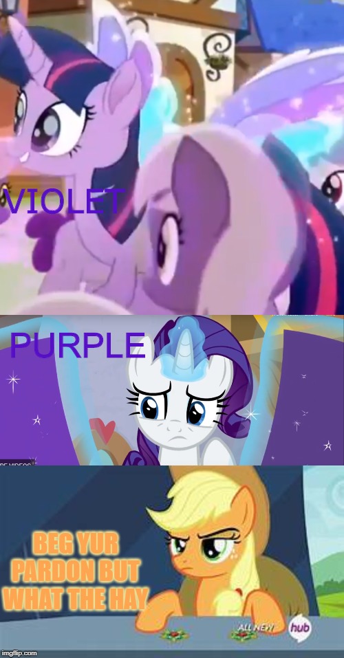 Now we're confused about colors | VIOLET; PURPLE; BEG YUR PARDON BUT WHAT THE HAY | image tagged in my little pony friendship is magic,colors,purple,what the heck,applejack | made w/ Imgflip meme maker