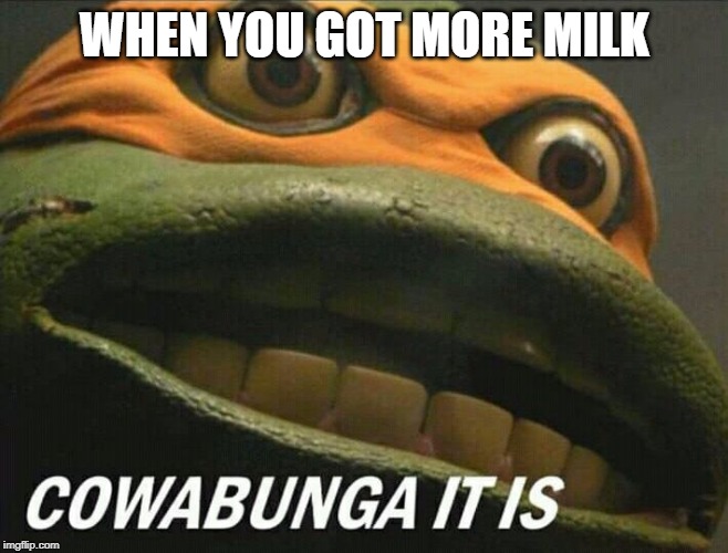 Cowabunga it is | WHEN YOU GOT MORE MILK | image tagged in cowabunga it is | made w/ Imgflip meme maker