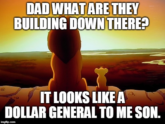 Lion King Meme | DAD WHAT ARE THEY BUILDING DOWN THERE? IT LOOKS LIKE A DOLLAR GENERAL TO ME SON. | image tagged in memes,lion king | made w/ Imgflip meme maker