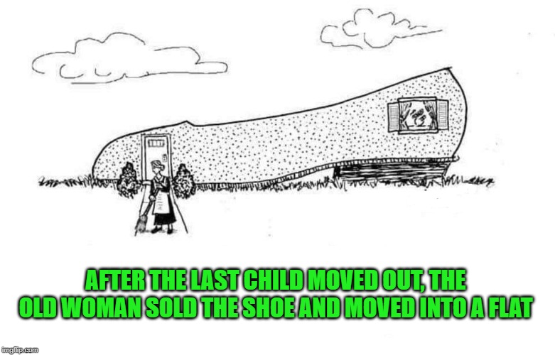 It's Mother Goose Time | AFTER THE LAST CHILD MOVED OUT, THE OLD WOMAN SOLD THE SHOE AND MOVED INTO A FLAT | image tagged in old woman,shoe,flat | made w/ Imgflip meme maker