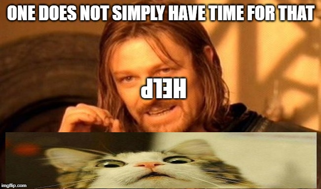 One Does Not Simply Meme | ONE DOES NOT SIMPLY HAVE TIME FOR THAT; HELP | image tagged in memes,one does not simply | made w/ Imgflip meme maker