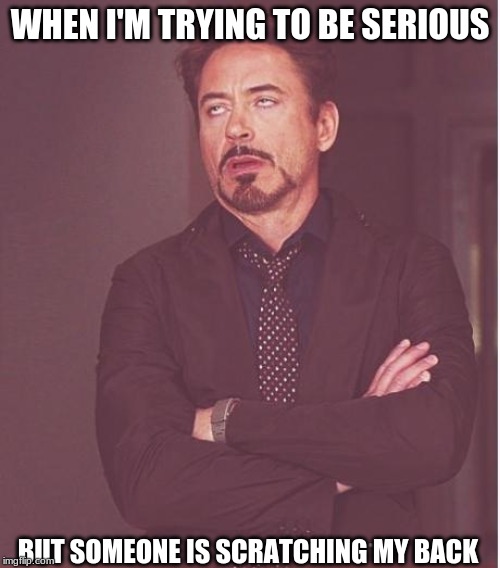 Face You Make Robert Downey Jr Meme | WHEN I'M TRYING TO BE SERIOUS; BUT SOMEONE IS SCRATCHING MY BACK | image tagged in memes,face you make robert downey jr | made w/ Imgflip meme maker