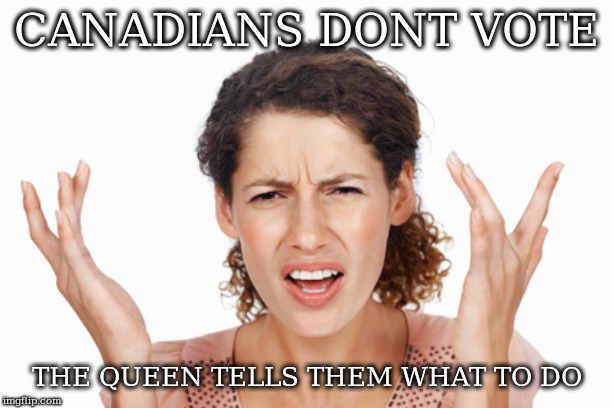Indignant | CANADIANS DONT VOTE; THE QUEEN TELLS THEM WHAT TO DO | image tagged in indignant | made w/ Imgflip meme maker