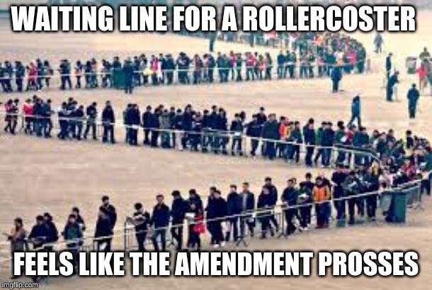 Long Line | WAITING LINE FOR A ROLLERCOSTER; FEELS LIKE THE AMENDMENT PROSSES | image tagged in long line | made w/ Imgflip meme maker