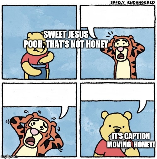 Sweet Jesus Pooh | SWEET JESUS POOH, THAT'S NOT HONEY; IT'S CAPTION MOVING  HONEY! | image tagged in sweet jesus pooh | made w/ Imgflip meme maker