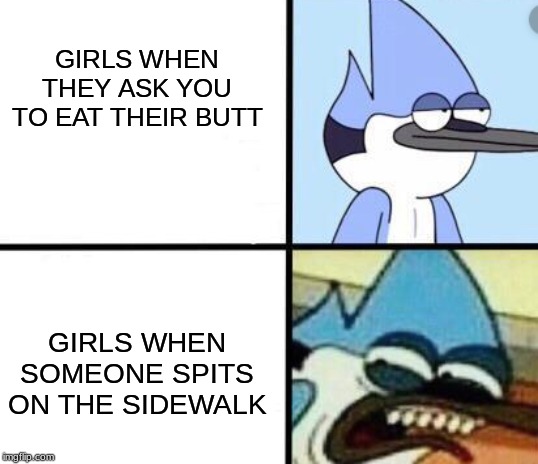 They´re so unpredictable | GIRLS WHEN THEY ASK YOU TO EAT THEIR BUTT; GIRLS WHEN SOMEONE SPITS ON THE SIDEWALK | image tagged in mordeicai | made w/ Imgflip meme maker