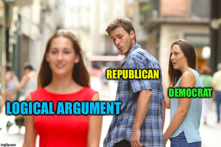 Distracted Boyfriend Meme | LOGICAL ARGUMENT REPUBLICAN DEMOCRAT | image tagged in memes,distracted boyfriend | made w/ Imgflip meme maker