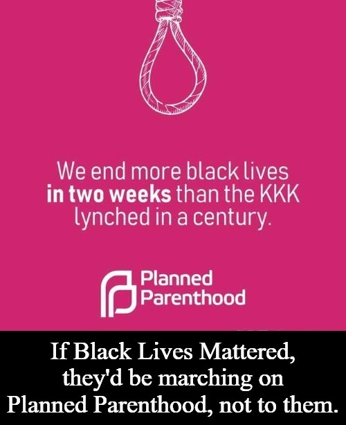 If Black Lives Mattered, they'd be marching on Planned Parenthood, not to them. | image tagged in blm,black lives matter,kkk,planned parenthood,genocide,infanticide | made w/ Imgflip meme maker