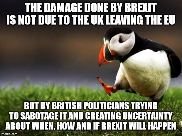 It is the uncertainty that causes the most damage! | THE DAMAGE DONE BY BREXIT IS NOT DUE TO THE UK LEAVING THE EU; BUT BY BRITISH POLITICIANS TRYING TO SABOTAGE IT AND CREATING UNCERTAINTY ABOUT WHEN, HOW AND IF BREXIT WILL HAPPEN | image tagged in memes,unpopular opinion puffin | made w/ Imgflip meme maker